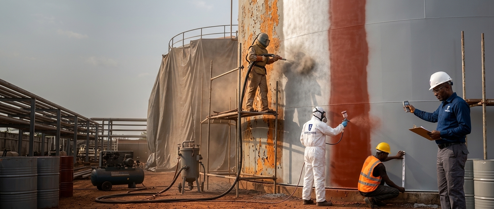 A worker blasting rust off a large steel storage tank from scaffolding while a colleague sprays a new coating and a third measures the wall