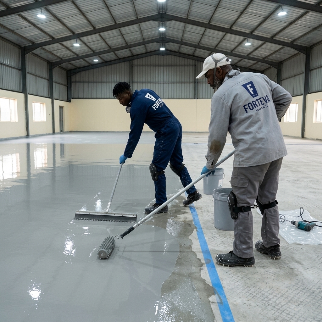 Two workers spreading grey epoxy across a warehouse floor, one with a notched squeegee and one with a spiked roller, next to the bare primed concrete still to be coated