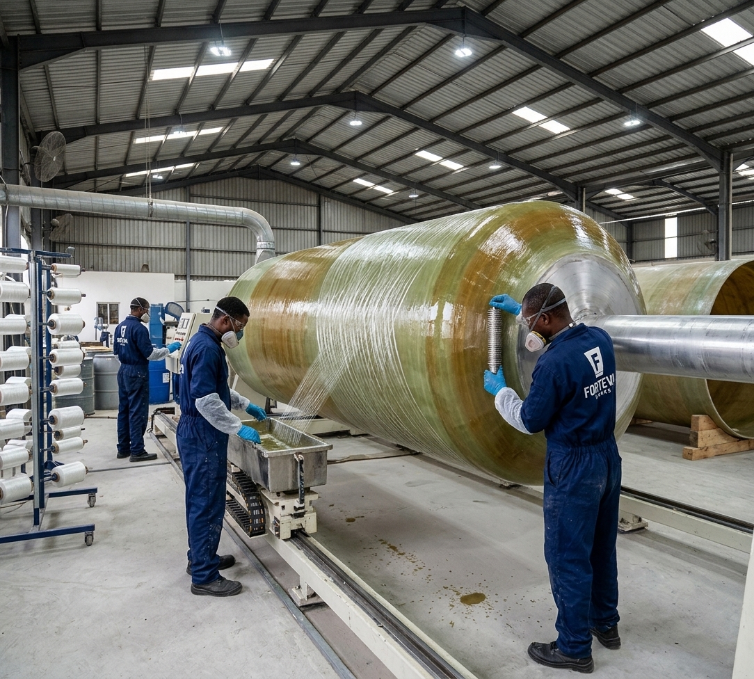 Two workers in overalls winding glass fibre onto a large cylindrical FRP tank shell in a workshop
