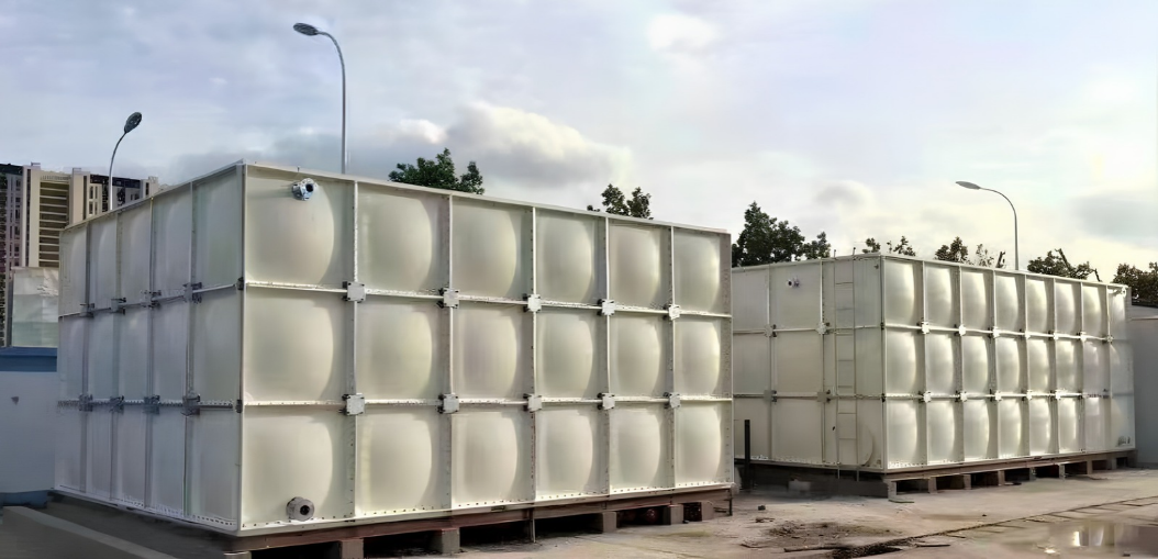 Two sectional water tanks of bolted white panels, standing on raised bases beside a paved yard