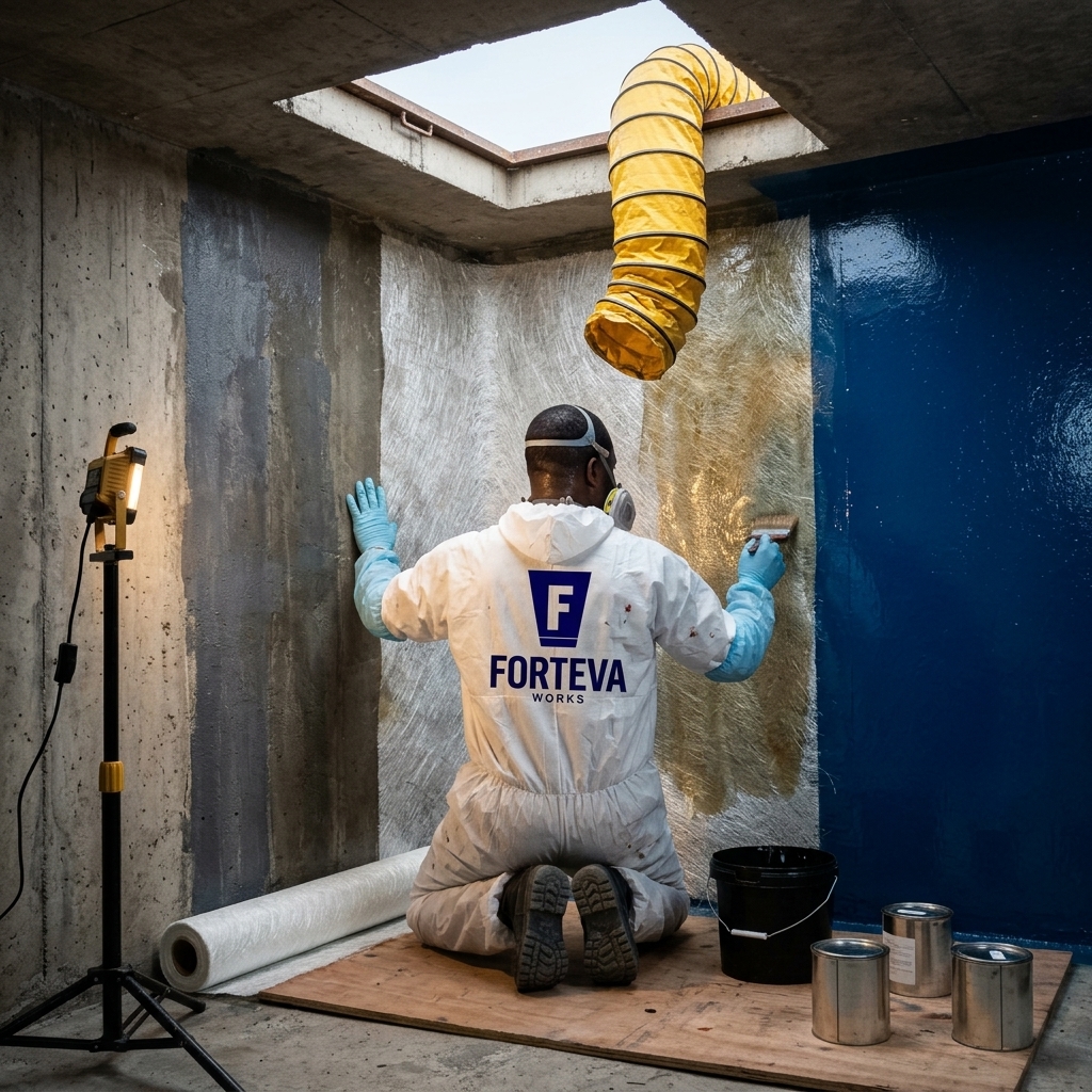 A worker in a white coverall and respirator brushing resin onto glass fibre mat on the concrete wall of an underground tank chamber, beside a wall already finished in a blue lining
