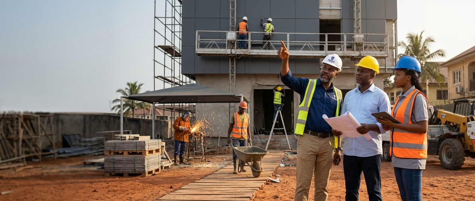 Three people in hard hats and high-visibility vests on a building site, one pointing up and one holding rolled plans, with workers fixing dark grey panels to the building behind them